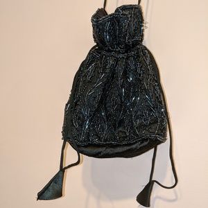 Sequined beaded blue drawstring pouch bag clutch